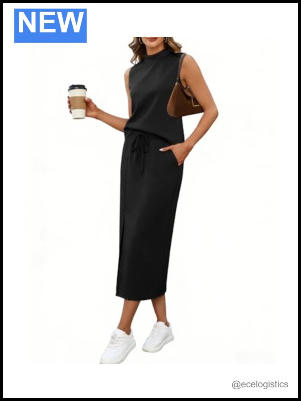 2 Piece Women's Skirt Set Mock Neck Tank Midi Skirt Sleeveless Summer Outfit